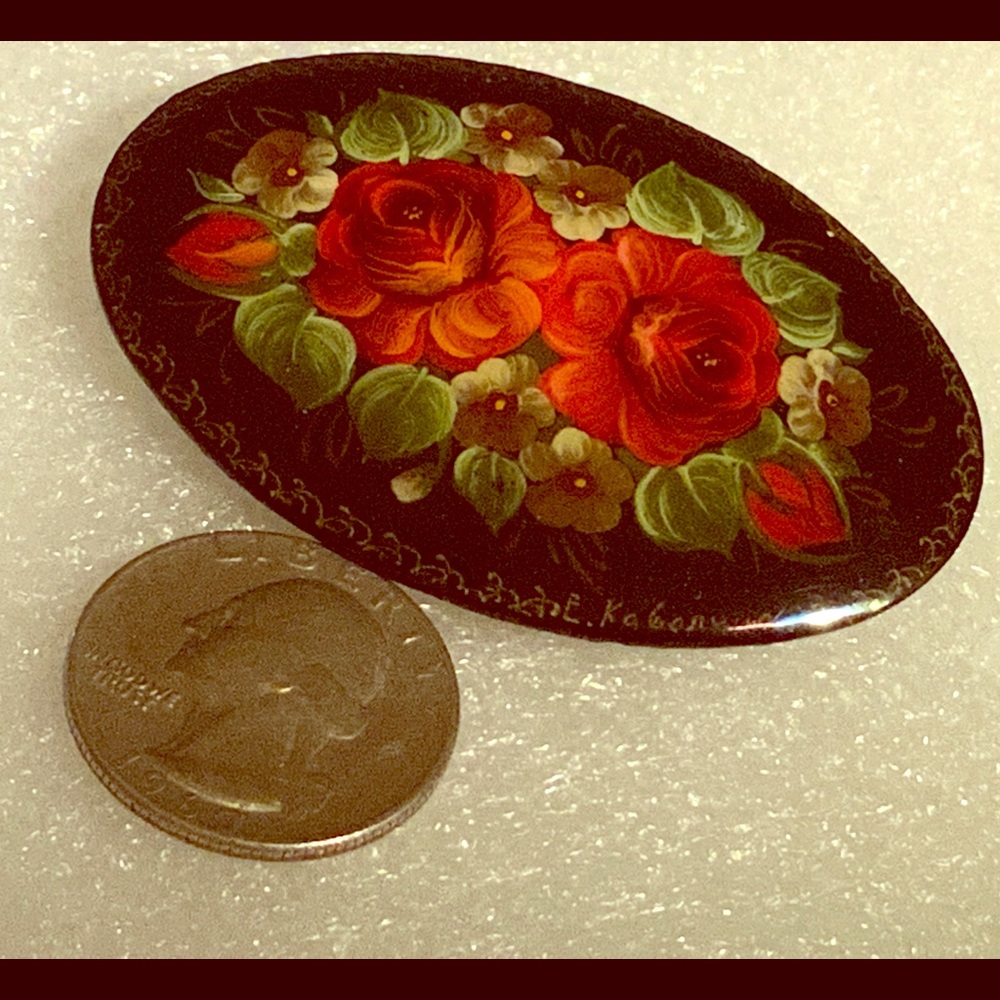 Lacquered Hand Painted Brooch. the feel of acrylic
